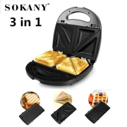Sokany 3-in-1 Sandwich Waffle Maker, Non-Stick Electric Mini Toaster Grill, 750W, 220V SK-302