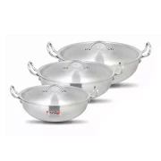 Nadstar8 Wok Karai Set 3Pcs Set With Lid & Handle Metal Finish Wok Jumbo Round WJ31/36