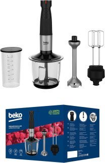BEKO 750W Blender Set, 4 Blades and Stainless Steel Rod, 700 ml Beaker, Glass Accessories with 2 Stainless Steel Blades, Double Whisk, Black, Stainless Steel/Black HBA81762BX