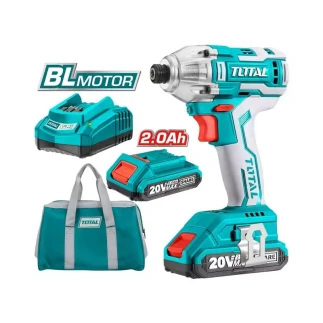 Total Impact Cordless Wrench with Brushless Motor – 20V Li-Ion Battery Power, 1/4" Hex Shank, Dual Speed Settings, High Torque, and Complete Accessory Kit