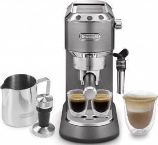 De'Longhi Dedica Metallics Coffee Machine with Milk Frother, Traditional Barista Pump Espresso Machine, Coffee and Cappuccino Maker, EC785.GY, 1300 W, Grey