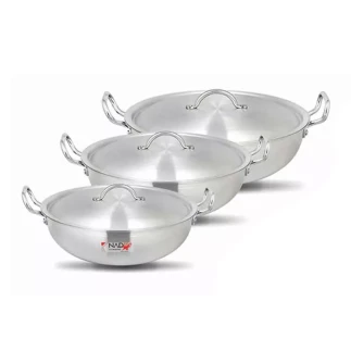 Nadstar8 Wok Karai Set 3Pcs Set With Lid & Handle Metal Finish Wok Jumbo Round WJ31/36