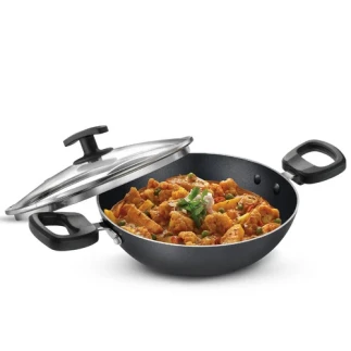 Judge Non-Stick Kadai with Glass Lid for Everyday Use - 22cm - 1.6L, Low Oil Cooking, Easy to Clean, with Cool Touch Handle 37284