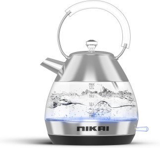 Nikai 1.7L 2200W Electric Traditional Glass Kettle, Auto-Shutoff, Advanced UK Technology for Swift Boiling and Safety, Rapid Boil in 2 min, Strix Control, Boil Dry Protection, Pour Perfection -NK1310G