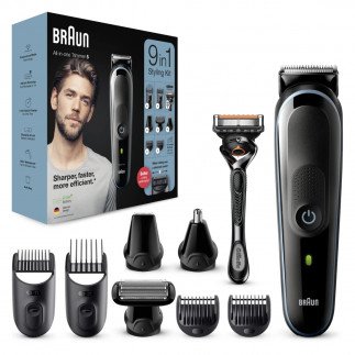 Braun MGK5380, 9-in-1 Beard Trimmer for Men from Gillette, All-in-One Tool, 7 attachments (Hair Clipper, For Face, Hair, Body, Ear, Nose), Advanced German Engineering, 100-min Runtime, Waterproof, (Black / Nordic Blue)