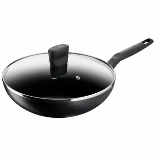 Tefal Super Cook Wok Pan 28cm + Lid Non Stick Thermo Signal 100% Safe Frying Pan Black Aluminium B4591684