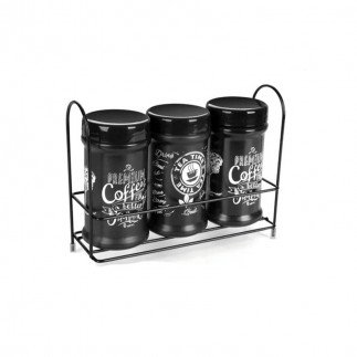 Sarina Storage Jar Black Sugar Tea Coffee Jar Set of 3 with Metal Rack – 3 x 660ML – S1035