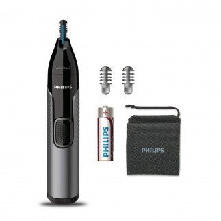 Philips Nose Trimmer Nt3650/16 Tanzania, Cordless Nose, Ear & Eyebrow Trimmer with Protective Guard System, Fully Washable, Including AA Battery, 2 Eyebrow Combs, Pouch (Gray)