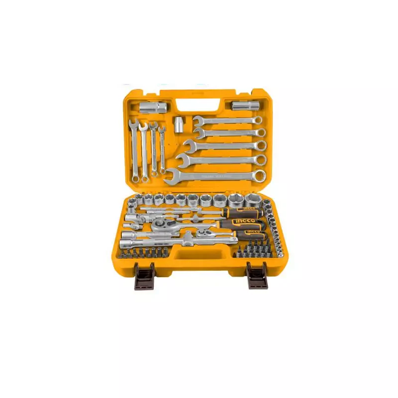 Ingco 82pcs 1/4" &1/2" Socket Set with Cr-V Steel Material, Three Color Soft Handle HKTS42802