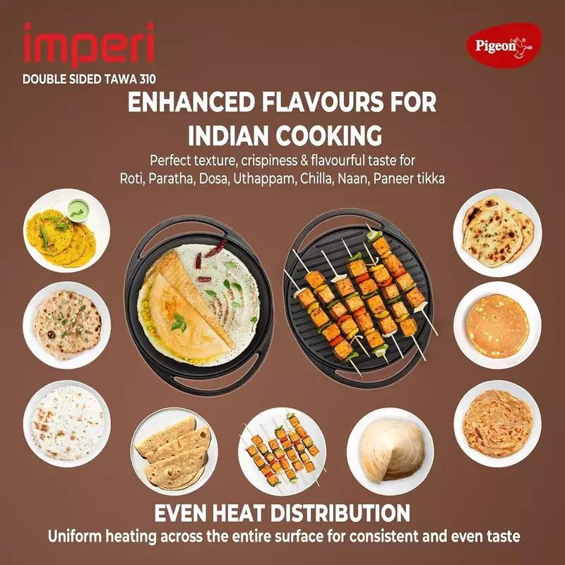 Pigeon Double Sided Tawa & Grill 31cm Imperi Cast Iron Non Stick, Free Silicone Grip, Pre-Seasoned,100% Toxin-Free Tava, 19004028