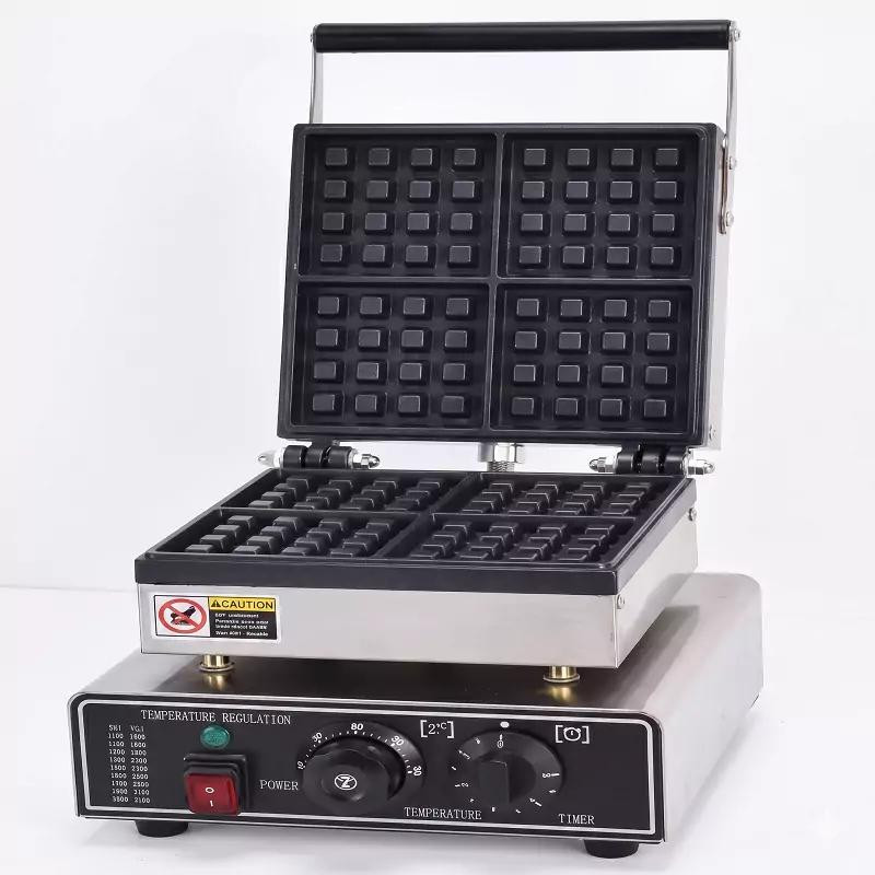 Commercial Electric 4-Plate Square Waffle Machine, 1.6kW Professional 4x4 Grid Waffle Maker, Industrial Heavy-Duty Belgian Square Waffle Baker WG-HF-4S