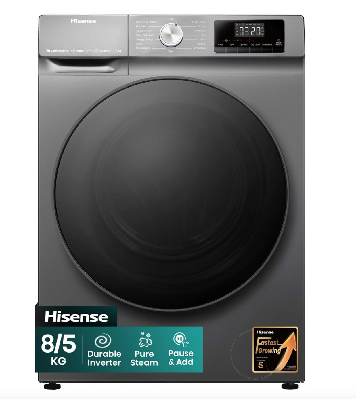 Hisense 2 in 1 Washing Machine, 8kg Wash & 5KG Dry, Front Load, Inverter Jet Washing Machine, WD3Q8043BT