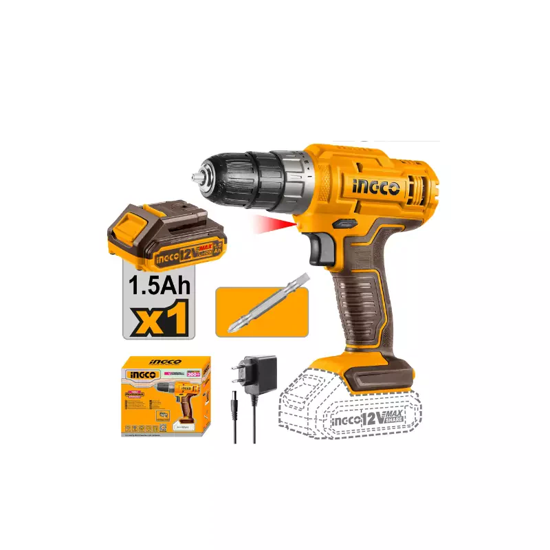 Ingco Cordless Drill Lithium-ion 12V 20NM with Integrated Work Light & LED Battery Power Indicator CDLI1218