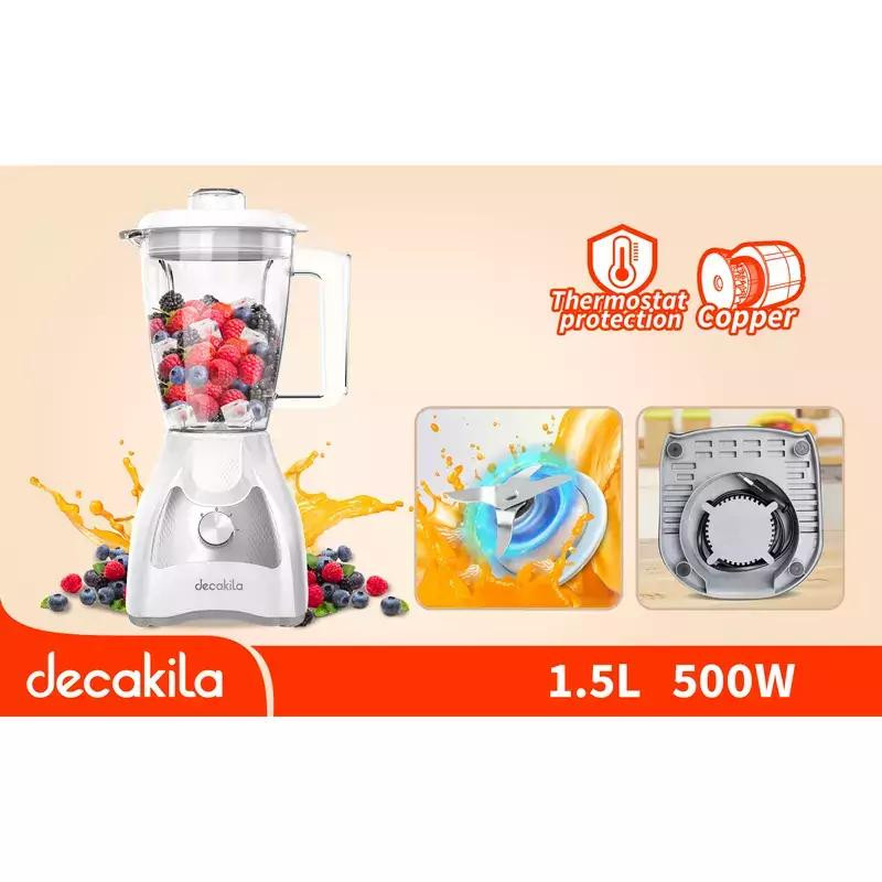 Decakila Blender 1.5l Plastic Jug with Stainless Steel Blades 500w Kejb043w high temperature protection anti slip feet design