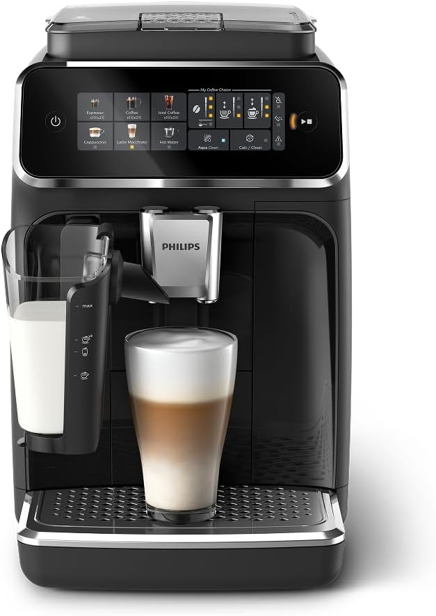 PHILIPS 3300 Series Fully Automatic Espresso Machine, LatteGo Milk System 5 Hot & Iced Coffee Pre-Sets, ceramic grinder, customizable coffee strength & milk settings, hot water, 15 bars (EP3341)
