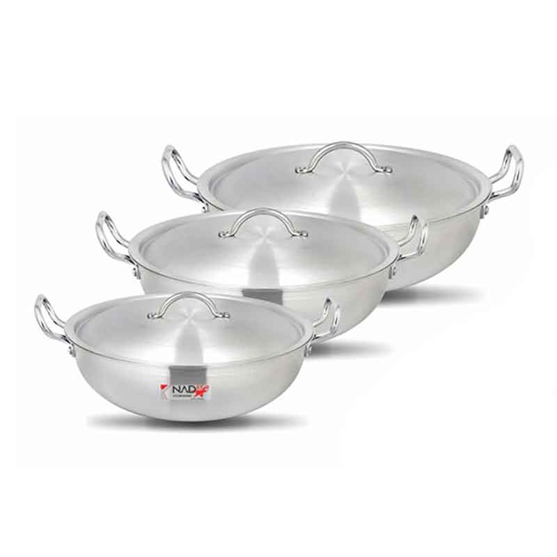 Nadstar8 Wok Karai Set 3Pcs Set With Lid & Handle Metal Finish Wok Jumbo Round WJ31/36