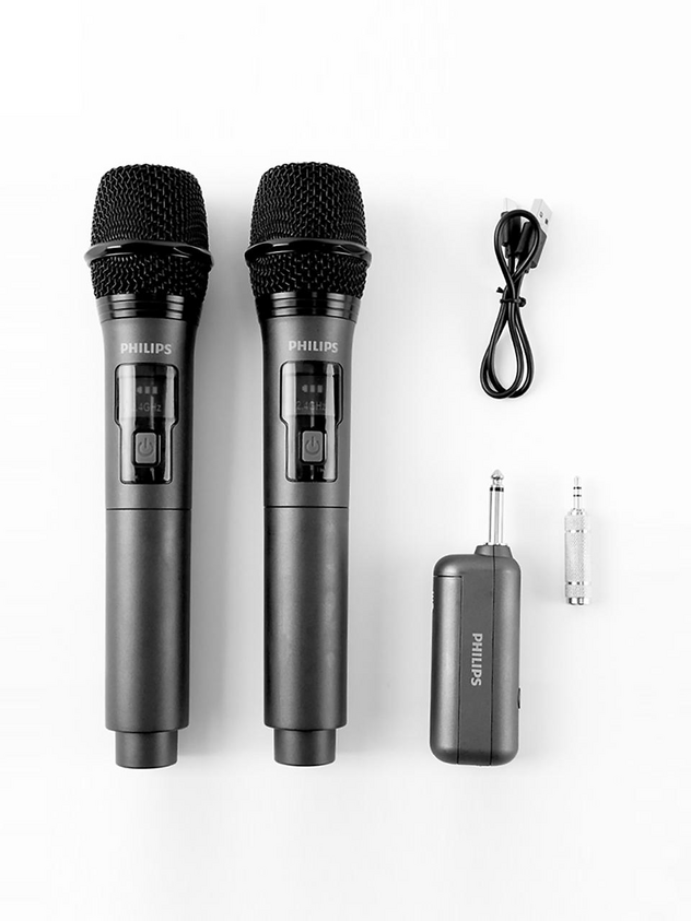 Philips Wireless Microphone. 2.4 Ghz. Transmission allows upto 30 mts. Transmit distance. Rechargeable Receiver. 2 x Microphones AA Battery DLM3401TP/00