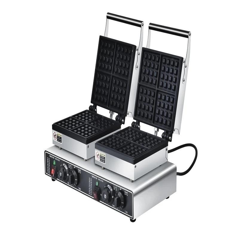 Commercial Electric Double Head 4-Plate Square Waffle Machine, 3.2kW Professional 8-Waffle Capacity Maker, Industrial Heavy-Duty Square Belgian Waffle Station WG-HF-4S-2