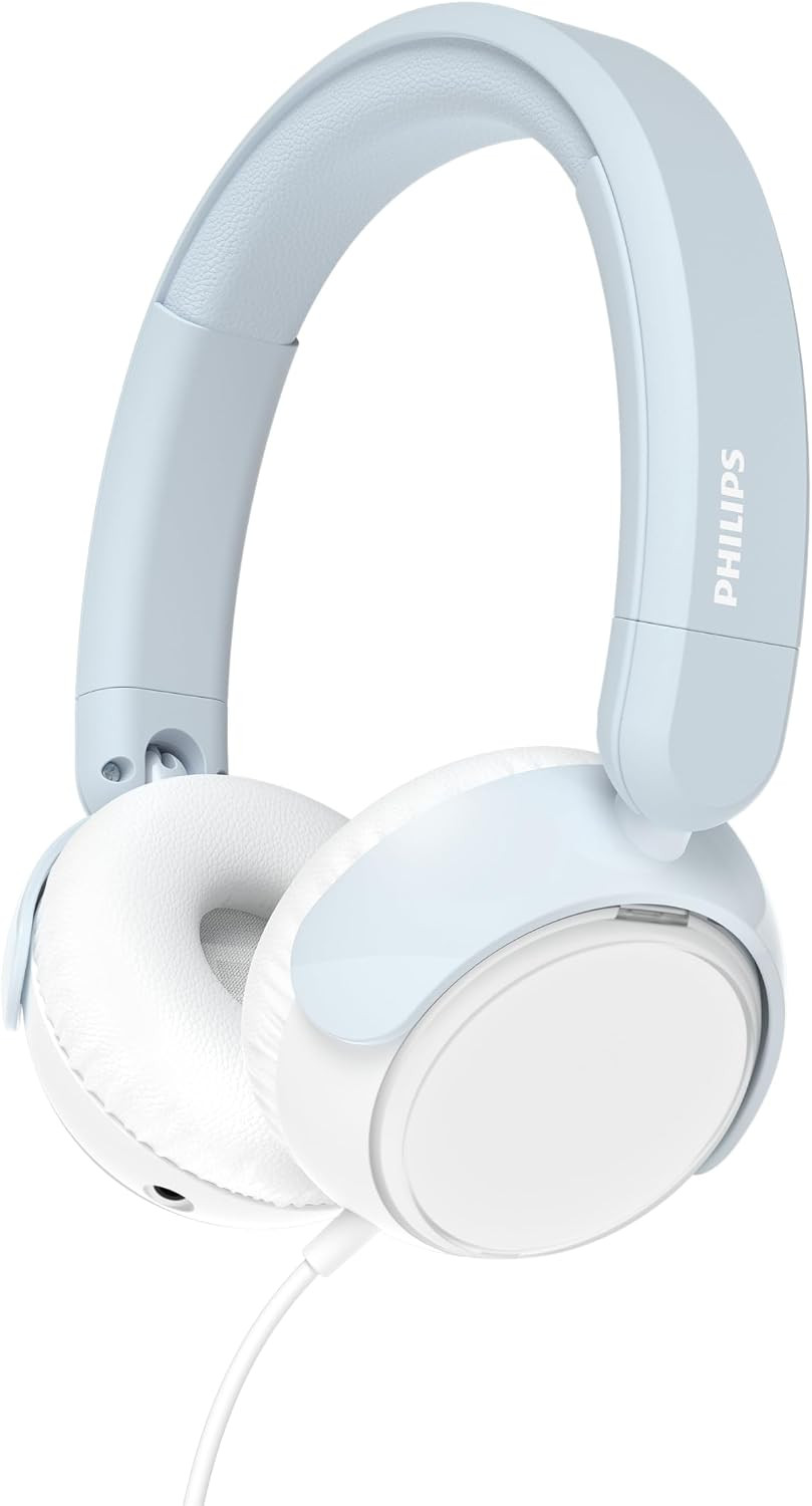 Philips K2000 Lightweight On-Ear Wired Kids Headphones - Built-in Mic, Safe Volume Limited, Audio Sharing, Foldable, Durable & Customizable, Blue