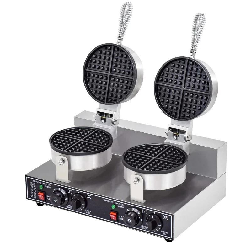 Commercial Electric Double-Plate Waffle Baker, 2.4kW Professional Dual Round Waffle Maker, Industrial Heavy-Duty Belgian Waffle Machine WG-HF-2R
