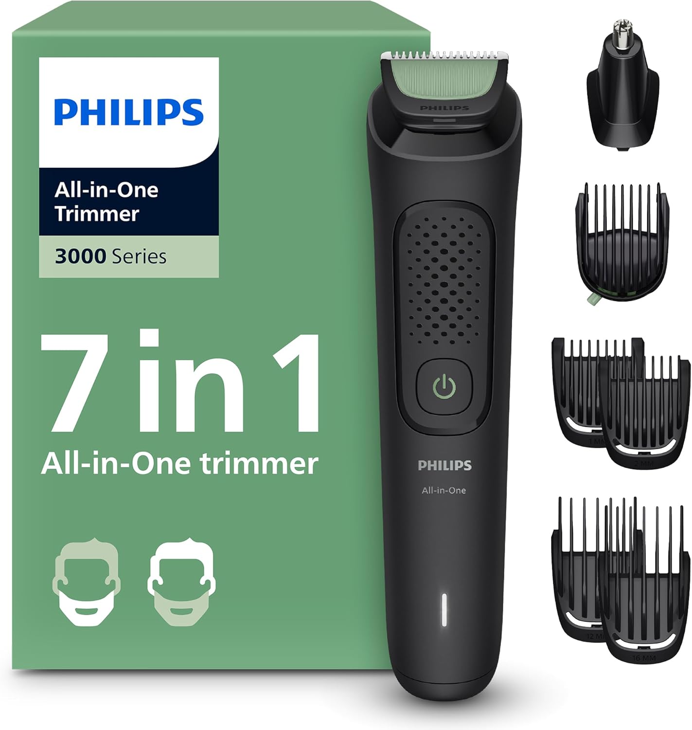 Philips Multigroom 3000 Series All-in-One 7-Piece Trimmer - Shaver and Clipper for Face & Head, Self-Sharpening Skin-Friendly Blades, 10 Length Settings, Model MG3930/15