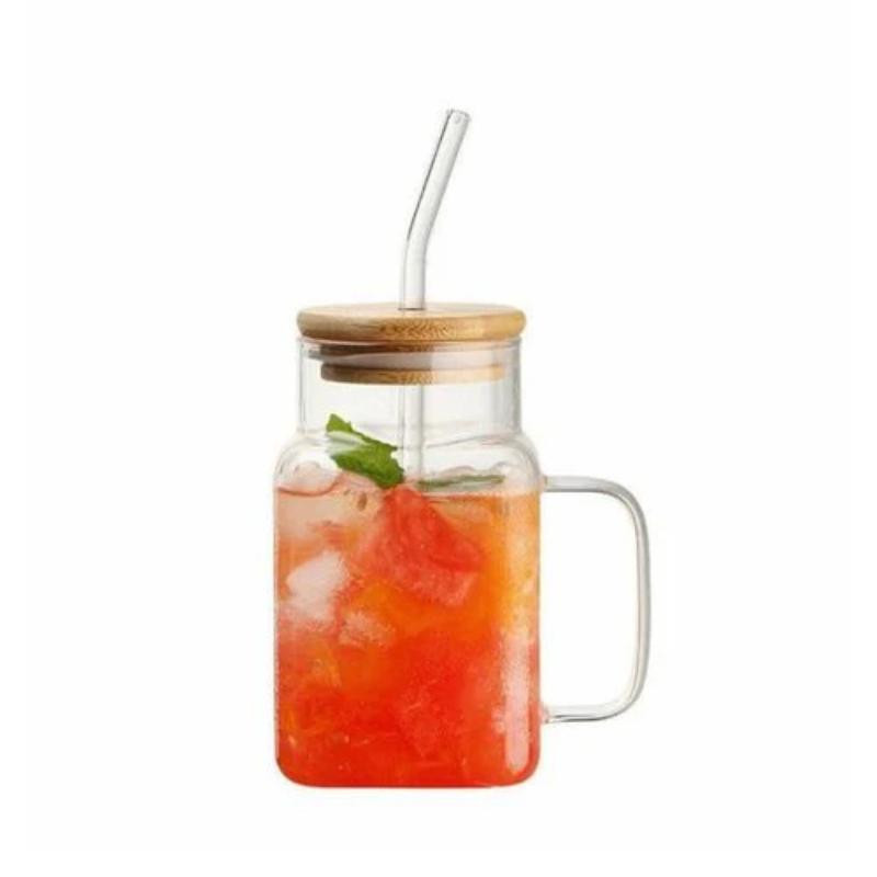 Generic Mason Jar with Straw & Wooden Lid 7.5x14cm – Stylish Glass Drink Jar DB-GY-1-600