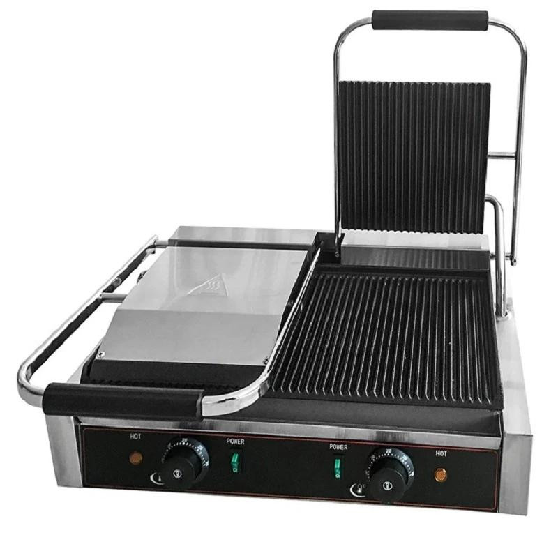 Commercial Electric Contact Grill, All-Grooved Cast Iron Plates, Professional Stainless Steel Panini Press HEG-813
