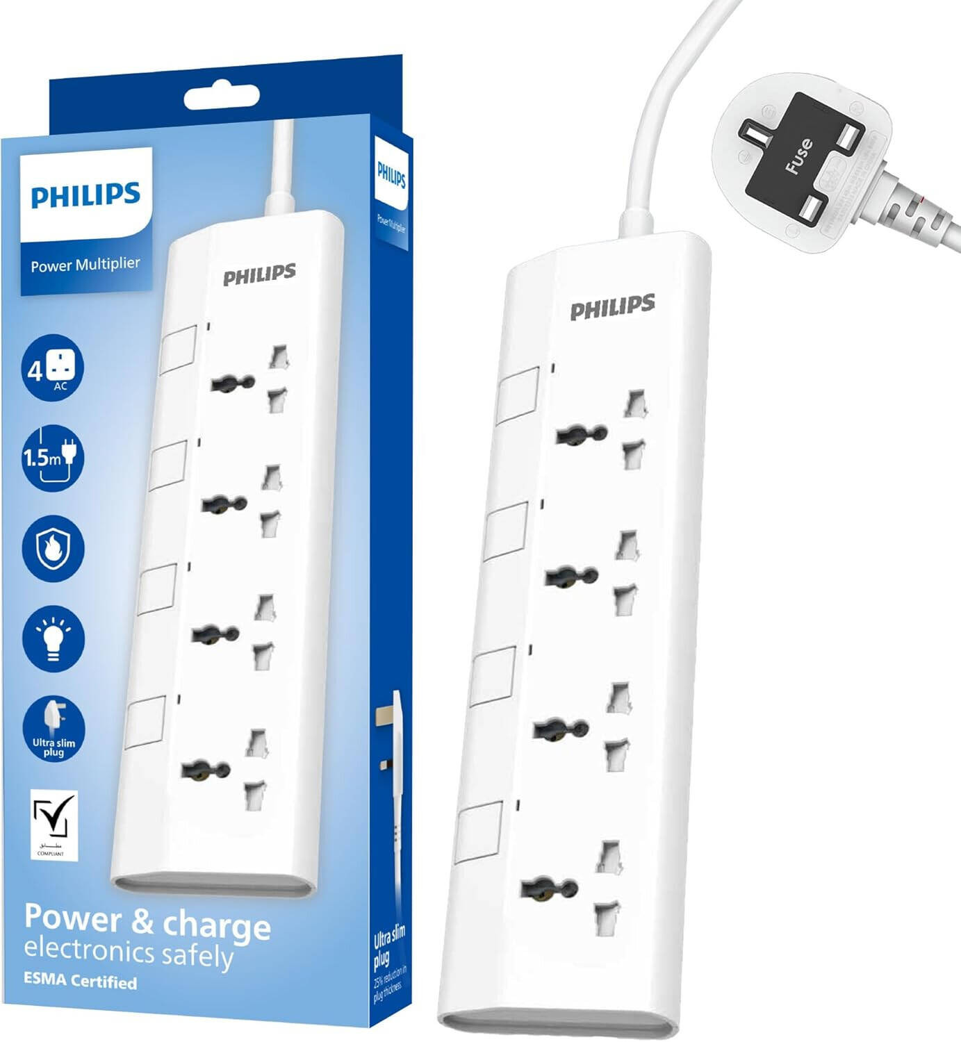 Philips CHP3145W/56 4-Way Universal Power Extension Cord, 2500W, Individual Switches, Overload Protection, 1.5m Cable, White