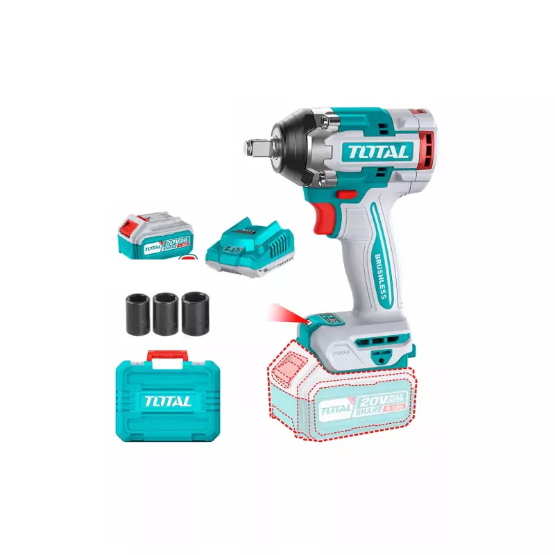 Total Cordless Impact Wrench 1/2" Lithium-ion 20V with Brushless Motor, Integrated LED Work Light, Battery & Charger TIWLI2050