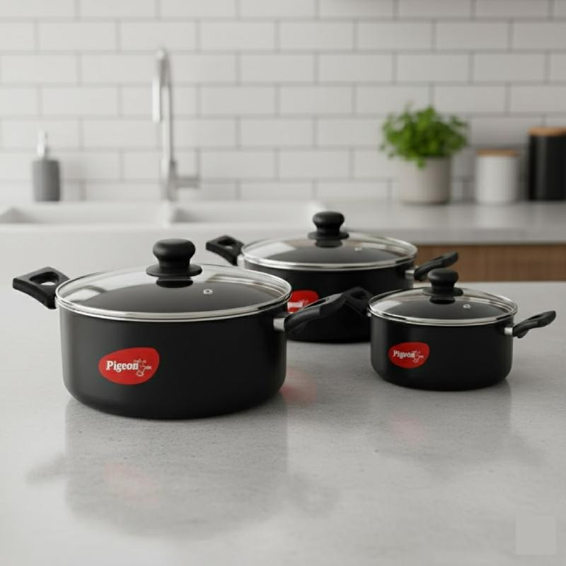 Pigeon Non-Stick Aluminium Casserole Set 3pcs – With Glass Lids, 0.95L, 1.9L & 2.85L SAP 14683