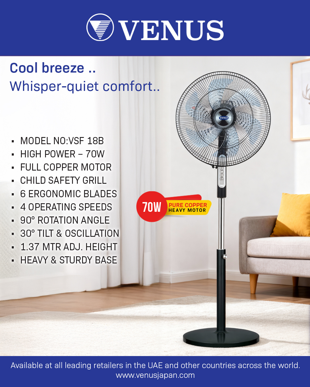 Venus 18" 5 Blades Stand Fan 3 Speed Copper Motor VSF-18B