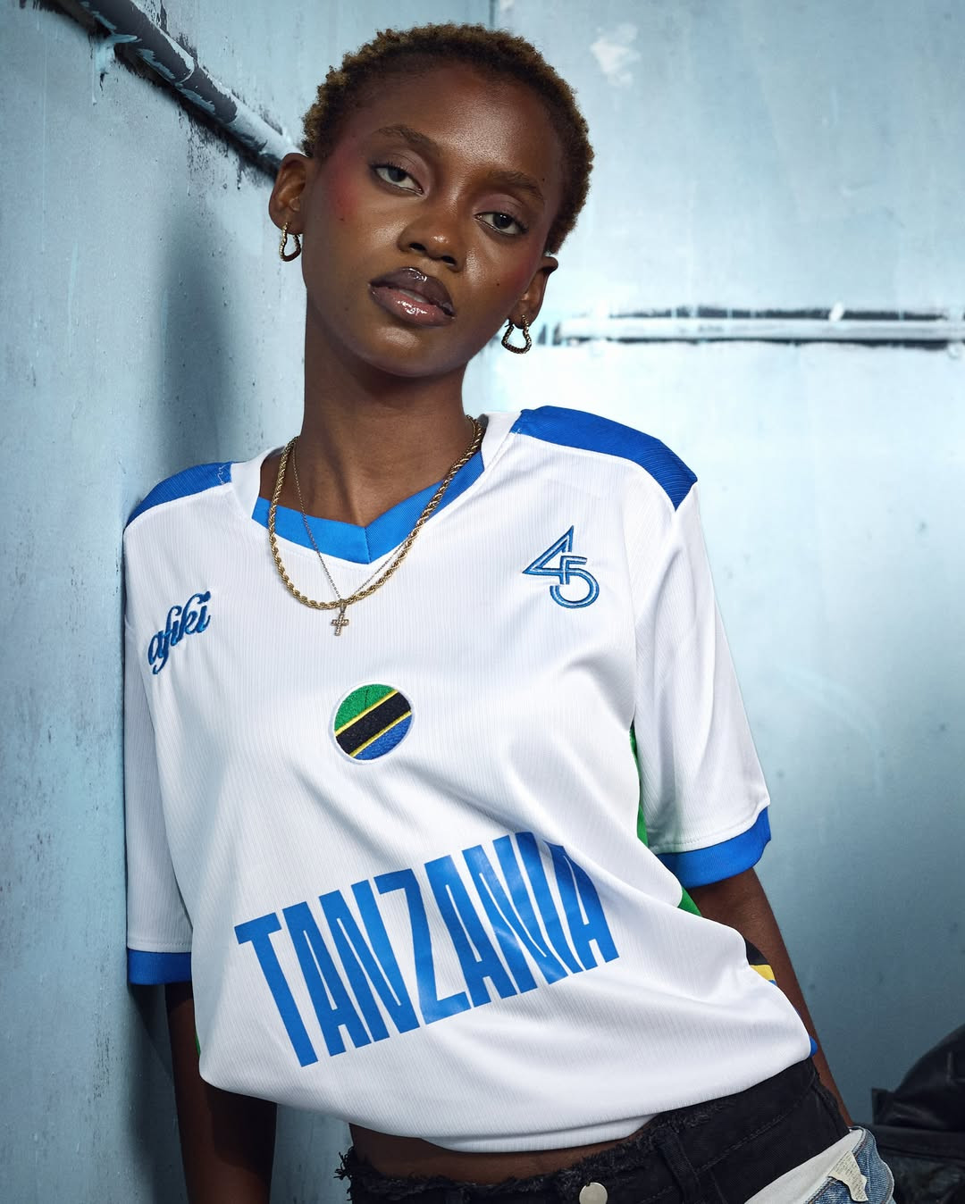 45Minutes X AFIKI Authentic Tanzania Jersey White & Blue - Small
