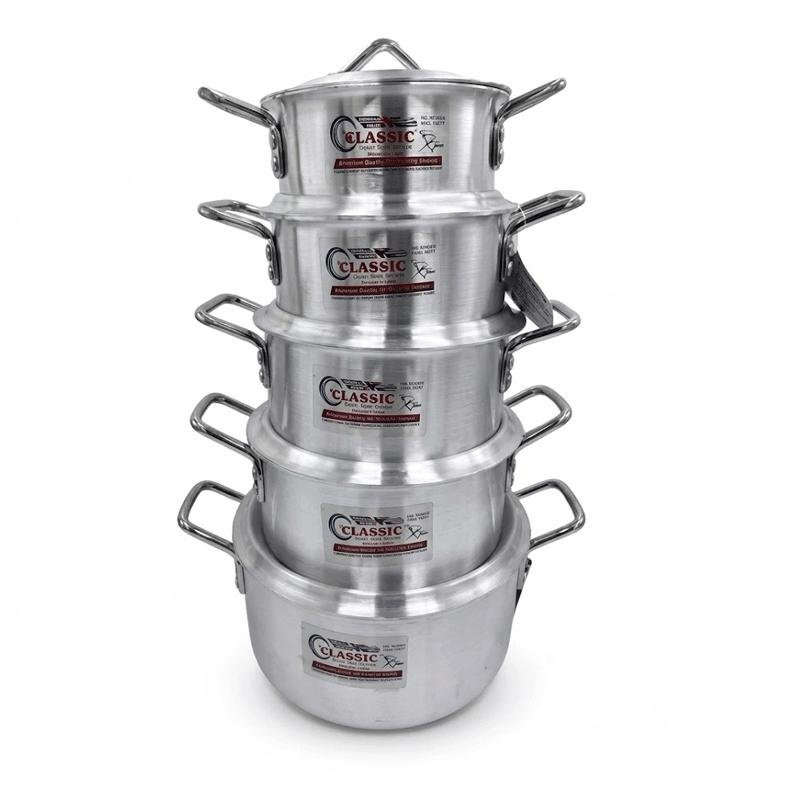 Klassic Aluminium Saucepot Set 5 Pieces 18cm 20cm 22cm 24cm & 28cm Heavy Duty Flat Bottom Cooking Pots Set 900HG