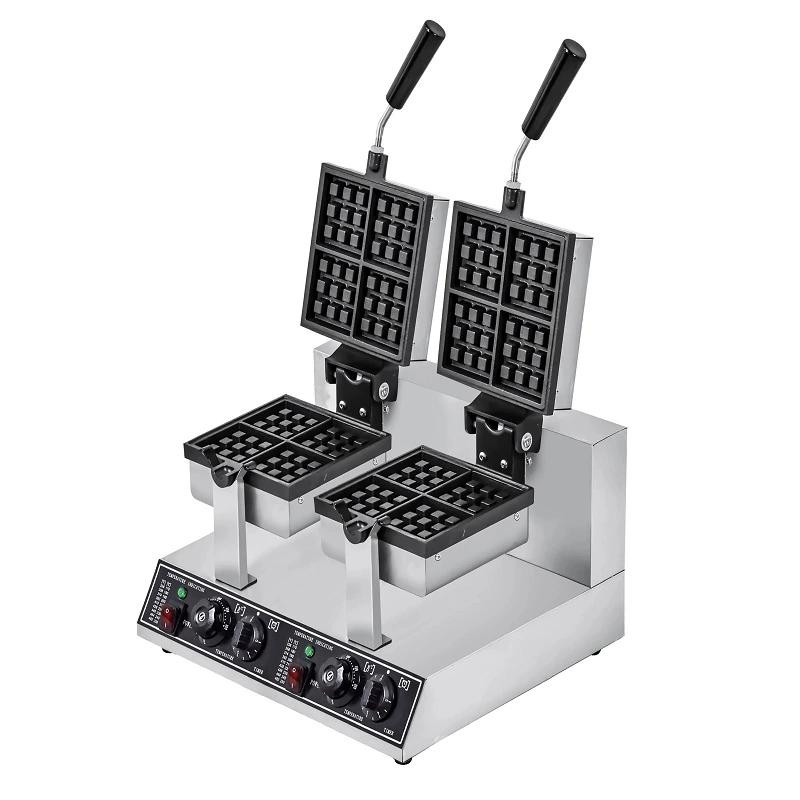Commercial Electric Rotating Double Square Waffle Machine 2 Plate 8-Piece 2.4kW High-Output Industrial Baker, Professional Dual 3x3 Grid Waffle Station WG-RHF-4S-2