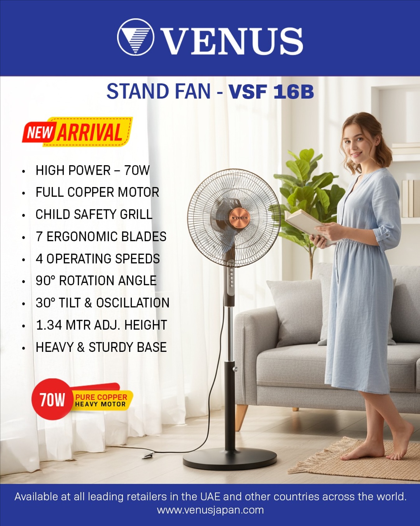 Venus 16" 3 Blades Stand Fan 3 Speed Copper Motor VSF-16B