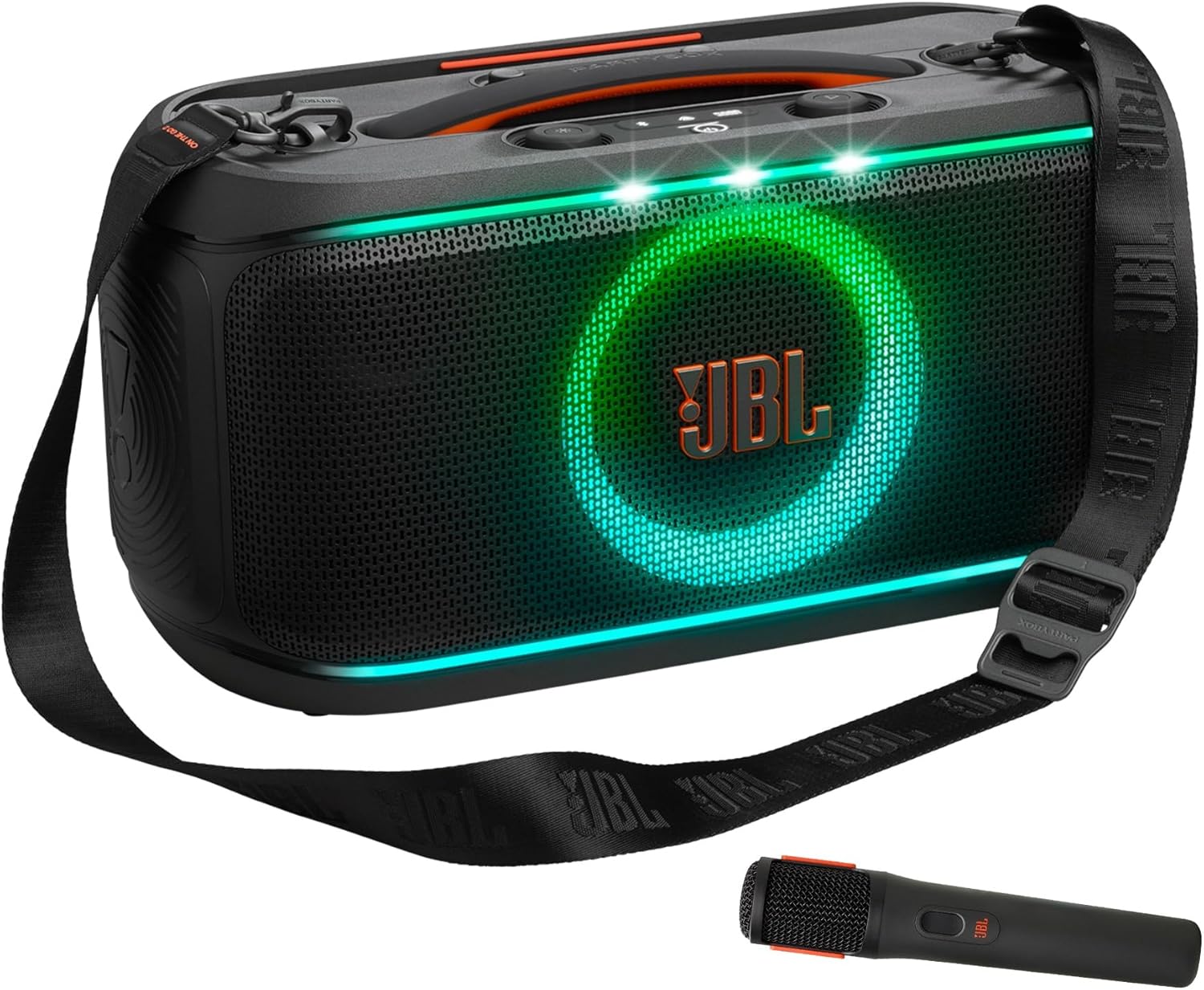 JBL PartyBox On-The-Go 2 Portable Bluetooth Party Speaker with 2 Wireless Mic, Dynamic Lightshow, 15-Hour Playtime, Splashproof, Handle & Shoulder Strap – Powerful JBL Pro Sound