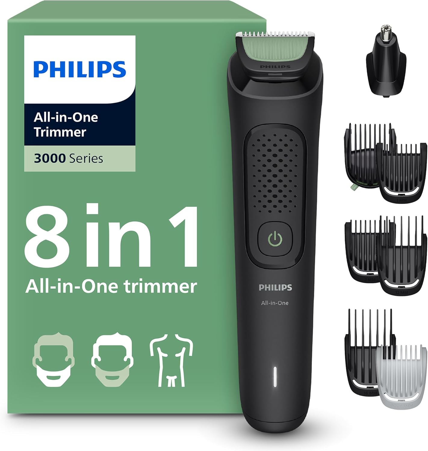 Philips All in One Series 3000 Trimmer 8-in-1 Multigroom Kit for Face, Cuts Hair & Body, Steel Blades, Adjustable 3–7 mm Comb, Ergonomic Grip, Wet & Dry Use, 70 Minute Runtime, MG3940/15