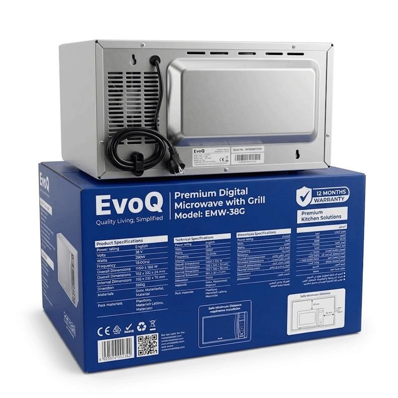 EvoQ Digital Microwave Oven with Grill 30L 900W Microwave Power, 1100W Grill Power, Mirror Glass Finish, 11 Power Levels & Chromed Handle EWM 302DG