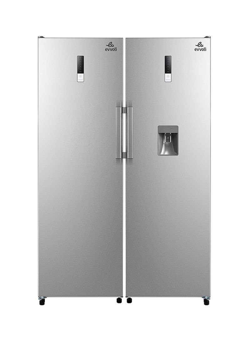 EVVOLI Twin Upright Refrigerator & Freezer Full Set 800L Tanzania EVRFM-U350MLSS/EVRFM-U260MFSS Silver | FRIJI NA FRIZA ZA EVVOLI FULL SET