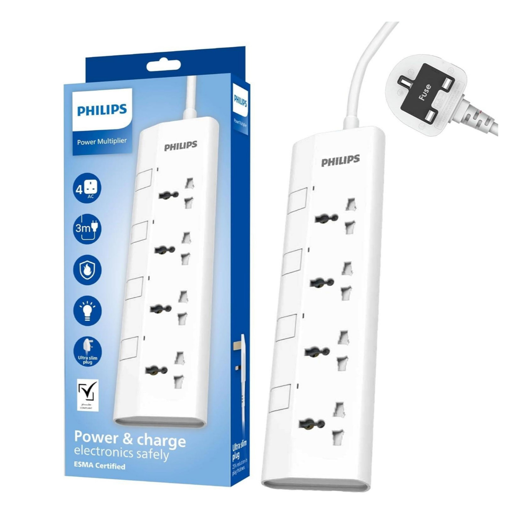 Philips CHP4136W/56 4-Way Universal Power Extension Cord, 1.5m Cable, 2500W, Individual Switches, Overload Protection, White