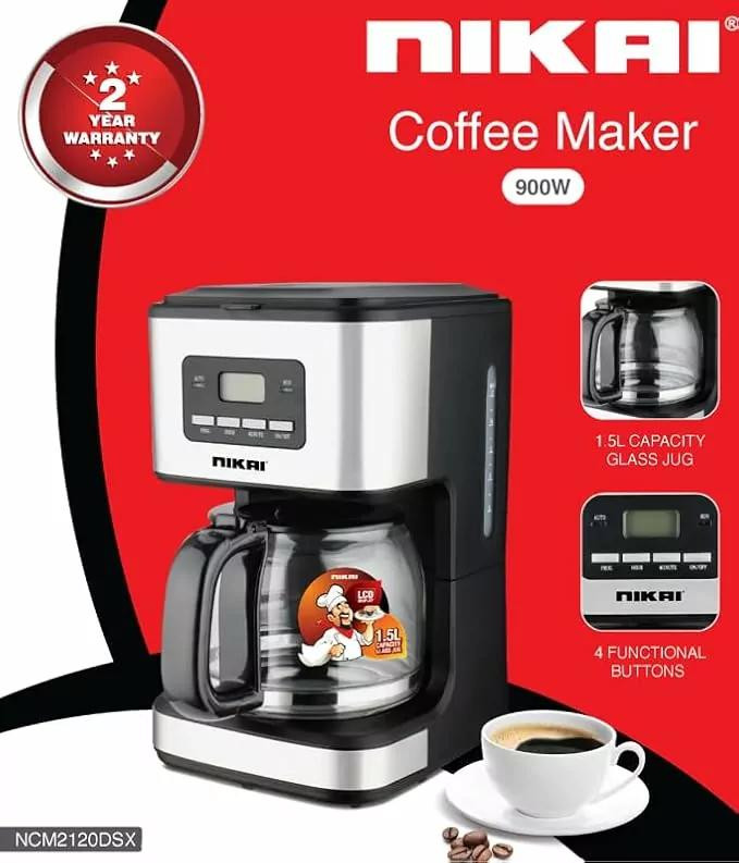 Nikai Coffee Maker 1.5l Glass Jug with Lcd Display 900w NCM2120DSX Vertically Removable Funnel 30 Seconds Anti Drip Function With Boil Dry Protection