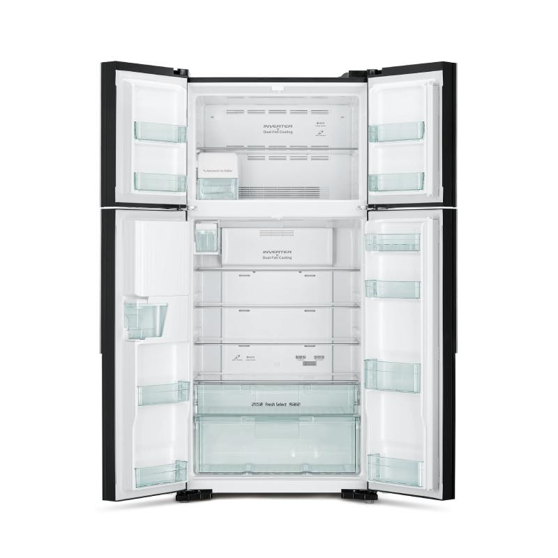 Hitachi Refrigerator 690 Ltrs. 4 Side By Side Door Refrigerator, Dual Fan Cooling, Stabilizer Free, LED Control Light, LED Light, Automatic Ice Maker & Water Dispenser, Tempered Glass Shelves, Glass Black finish R-W800PU7 GBK