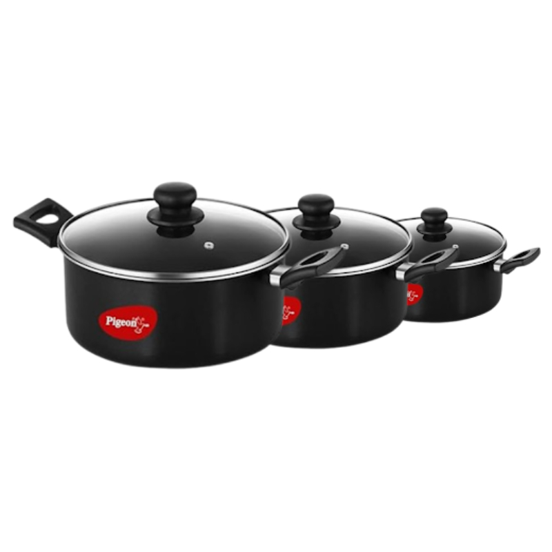 Pigeon Non-Stick Aluminium Casserole Set 3pcs – With Glass Lids, 0.95L, 1.9L & 2.85L SAP 14683