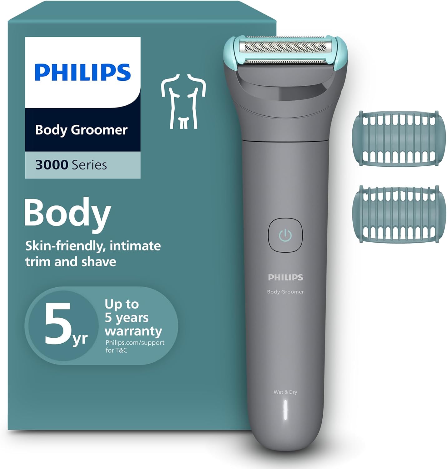 Philips Body Groomer BG3480/15 | Trim & shave body hair & balls | 100% showerproof | Skin-friendly | 2 & 3 mm combs | 80 min cordless | Battery indicator | USB charging