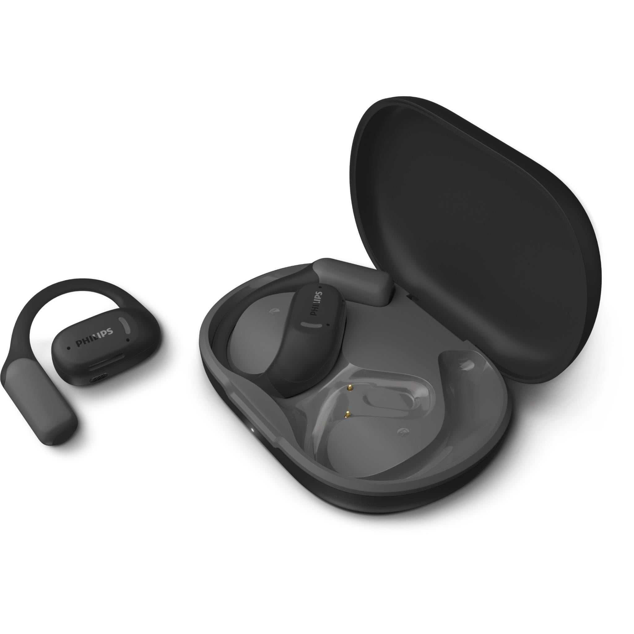 Philips True Wireless Open Air True Wireless fits. Air Conduction. IPP5 Dust and Water Resistant. 28 Hrs. Playtime with C type case. Customized on ear control. Multi point Bluetooth Connections. TAA6709DG/97