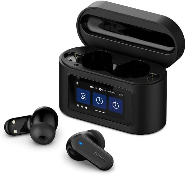 Philips TAT6000BK/97 True Wireless Earbuds, 28 Hours Playtime, Hybrid ANC, Bluetooth 5.4, Smart Touchscreen Charging Case, Dynamic Bass, IPX5, Black