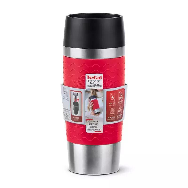 Tefal Essential Travel Mug 0.36L Stainless Steel Red Double Wall Insulation Keeps Hot Drinks 3 Hours Cool 6 Hours Stainless Steel Silicone Coating Travel N2021710